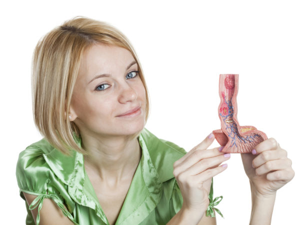 "A young female holding anatomical model of a frontal section of the lower part of the oesophagus from normal to columnar oesophageal epithelium. Also part of the upper part of the stomach is shown. The model shows the following illnesses: reflux oesophagitis, ulcus, Barrettaas Ulcer, Oesophageal carcinoma, Oesophageal varices and hiatal hernia. Studio environment. White background."