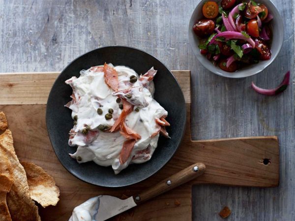 Smoked Salmon With Caper Yogurt and Tomato-Onion Relish | Recipes | Dr. Weil's Healthy Kitchen
